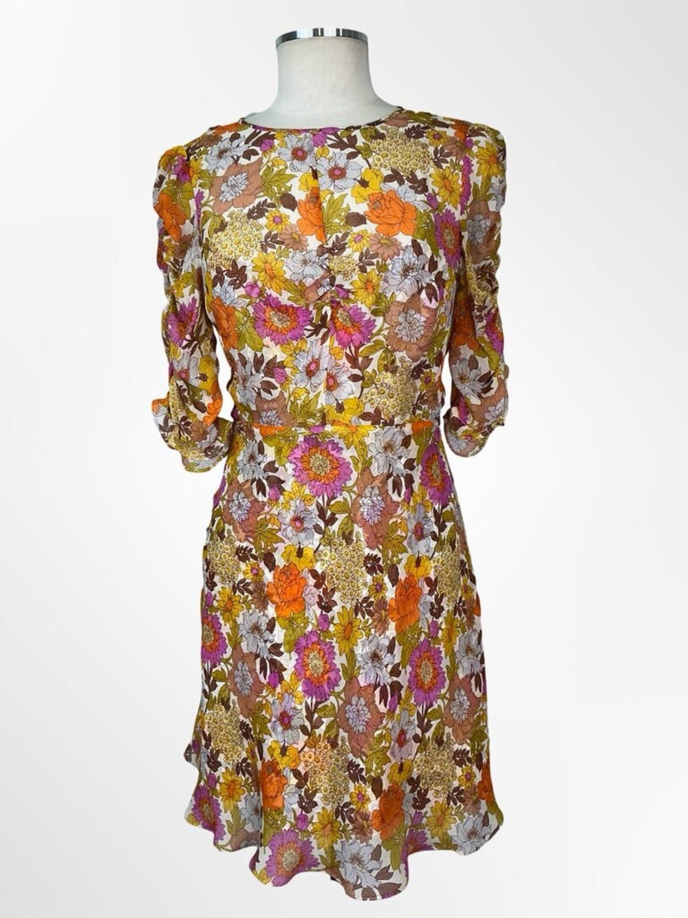 Floral Midi Dress in Pink, Orange & Green